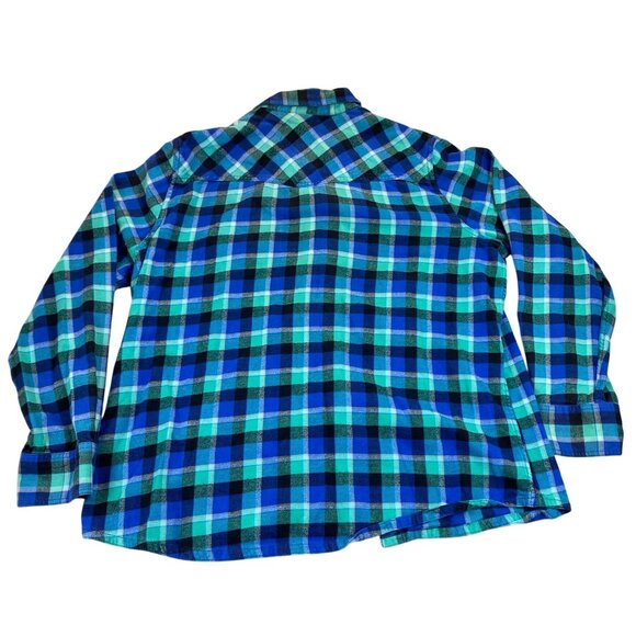 Vintage OP Ocean Pacific Mens Button Down Shirt 2XL Blue Green Plaid Flannel - Picture 2 of 10